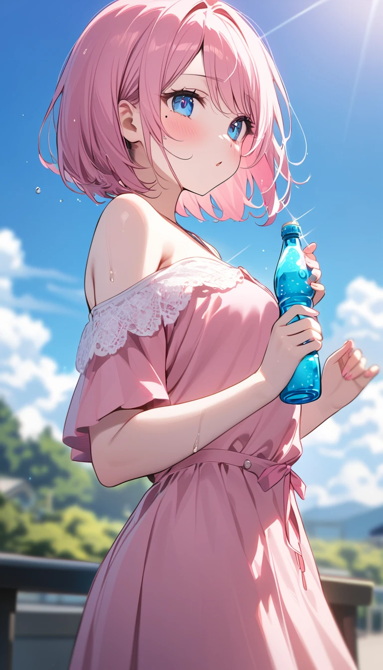 (1 girl),(Best Picture Quality, 8K, Masterpiece:1.3), (high school student:1.5), ((pink lob hair:1.1)), (bob cut),(swept bangs), (cute eyes, pupil black, iris skyblue, youthful face), (mole under right eye), (standard weight), (small breasts), (glistening skin:1.1),(pale skin:1.2), ((off shoulder lace up pink dress)),(wet:1.1),(blue sky, blurry, blurry background, chromatic aberration, cloud, cloudy sky, day, depth of field, glint, outdoors, ramune, sky), (soda bottle).