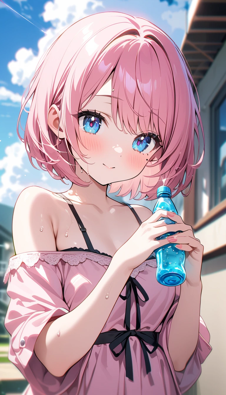 (1 girl),(Best Picture Quality, 8K, Masterpiece:1.3), (high school student:1.5), ((pink lob hair:1.1)), (bob cut),(swept bangs), (cute eyes, pupil black, iris skyblue, youthful face), (mole under right eye), (standard weight), (small breasts), (glistening skin:1.1),(pale skin:1.2), ((off shoulder lace up pink dress)),(wet:1.1),(blue sky, blurry, blurry background, chromatic aberration, cloud, cloudy sky, day, depth of field, glint, outdoors, ramune, sky), (soda bottle).