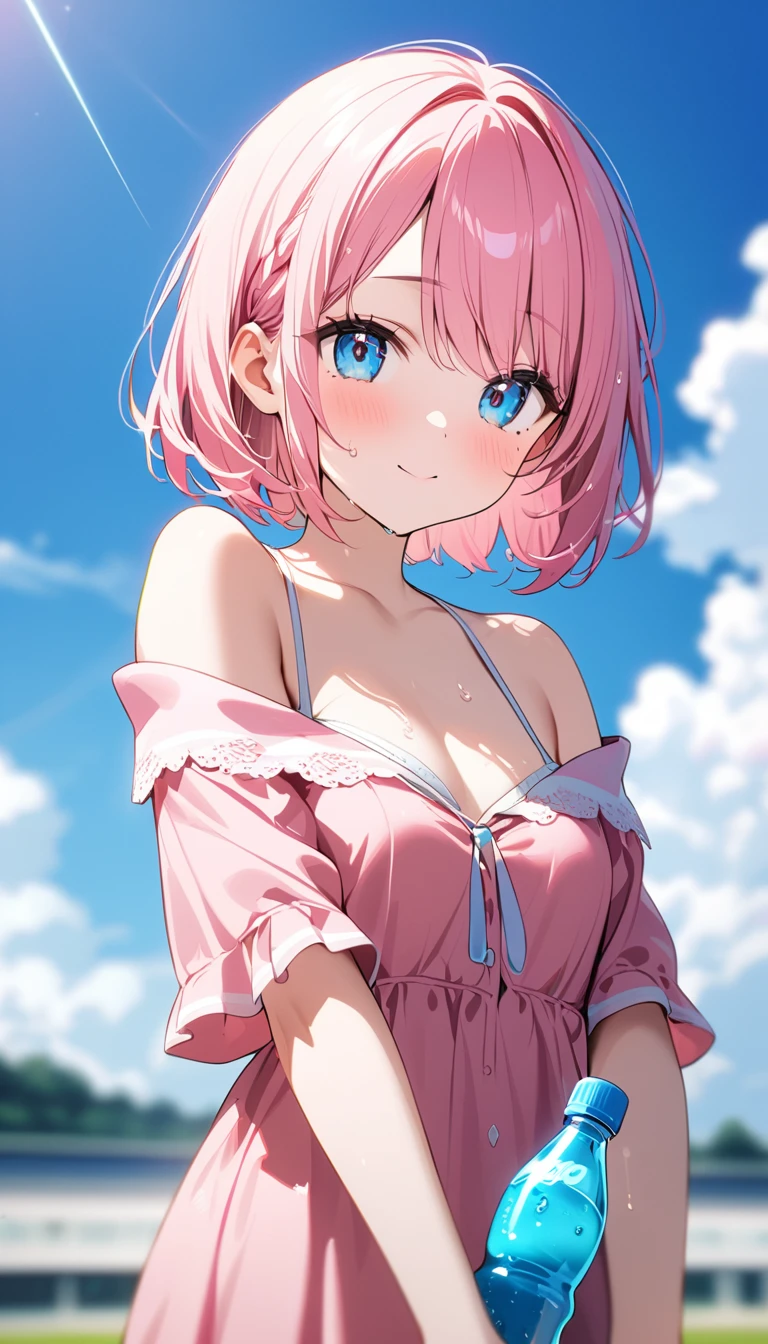 (1 girl),(Best Picture Quality, 8K, Masterpiece:1.3), (18year:1.5), ((pink lob hair:1.1)), (bob cut),(swept bangs), (cute eyes, pupil black, iris skyblue, youthful face), (mole under right eye), (standard weight), (small breasts), (glistening skin:1.1),(pale skin:1.2), ((pink Chiffon Bodycon Mini Dress)).