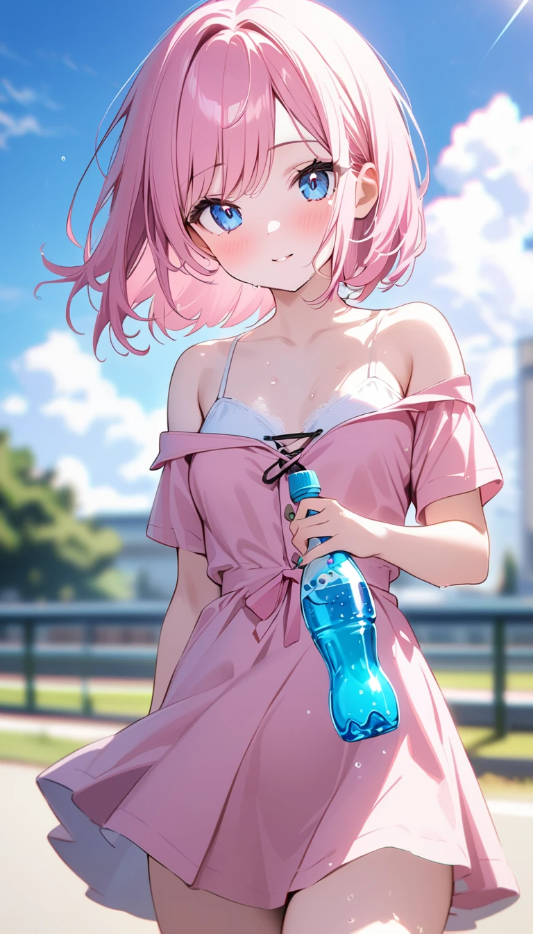 (1 girl),(Best Picture Quality, 8K, Masterpiece:1.3), (high school student:1.5), ((pink lob hair:1.1)), (bob cut),(swept bangs), (cute eyes, pupil black, iris skyblue, youthful face), (mole under right eye), (standard weight), (small breasts), (glistening skin:1.1),(pale skin:1.2), ((off shoulder lace up pink dress)),(wet:1.1),(blue sky, blurry, blurry background, chromatic aberration, cloud, cloudy sky, day, depth of field, glint, outdoors, ramune, sky), (soda bottle).