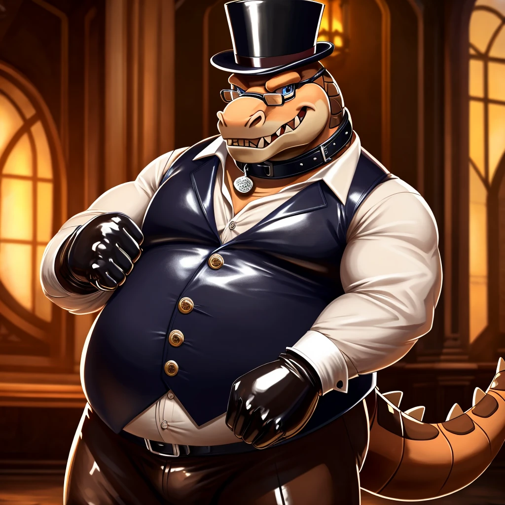 Solo, Male, fat, extremely obese, gentleman, dapper Professor Dingodile, blue eyes, (posing:1.3), (soft shading), 4k, hi res, ((detailed face, detailed)), looking at viewer, mouth wide open, steampunk, collared shirt with buttons, top hat, male focus, Explorer Outfit, glasses, monocle, vest with buttons, sleeves rolled up, round eyewear, brown headwear, brown vest, Dingodile is wearing a glossy leather dog collar around the neck, Dingodile is wearing the leather collar and shirt and vest at the same time, Dingodile is wearing glossy white rubber gloves on the hands, wearing white rubber gloves on the feet, gloves are rubber in texture, clenching teeth, clenching fists, leather collar is glossy and shiny with a lot of detail, Dingodile is wearing gloves and leather collar at the same time, leather collar has a round dog-tag, leather collar is thick and detailed, leather collar is glossy and shiny, fancy clothing, dapper vest, dapper shirt, leather collar is thick.