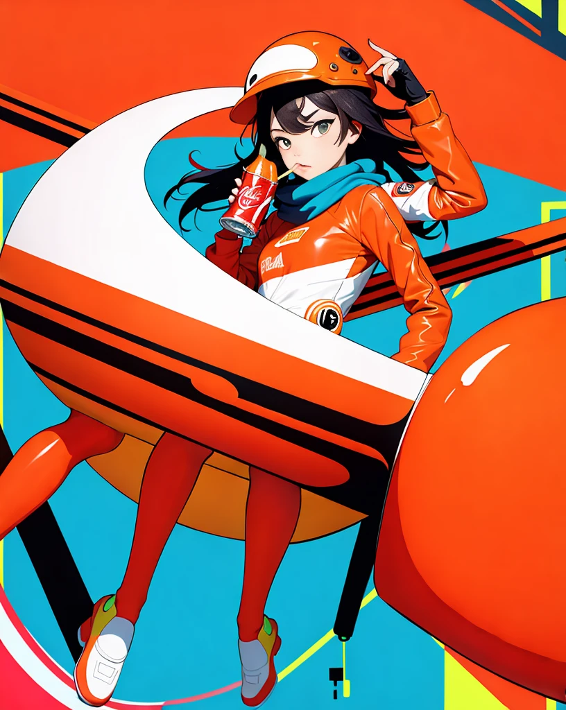 (Super detailed,Ultra-high resolution,Detailed Background),((2D)),((Flat Color)),((Calm colors)),((Floating Neon)),One girl,alone,View your viewers, break, orange, Spray paint, graffiti, Girl in a white space suit with a helmet, Plush scarf, Full body image, Adult female, anatomically perfect face, Focus on the face, Modern Style,Artistic,moving composition,Unique Pattern,Bold Texture,colorful,Imaginative,Whimsical,Vibrant,like々Shii,Playful,Lively,creative,Expressive,stylish,trend,Eating pizza、Coca-Cola Poster,