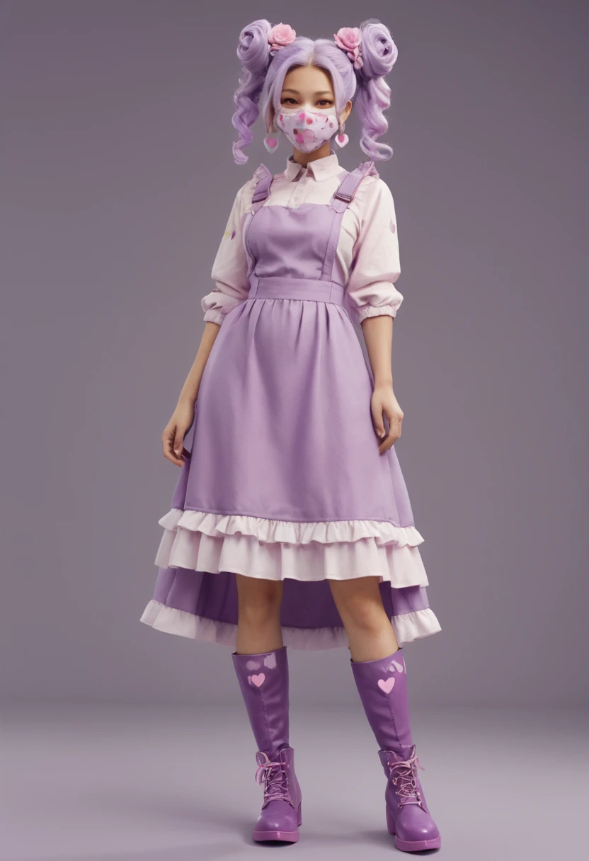 The character in the image has long, lilac hair., with two buns on top of the head, decorated with hearts. She is wearing a purple outfit with white details, consisting of a dress with ruffles and a skirt with a flower print. She is also wearing purple boots with small white details.. In the face area, there is an accessory that covers part of the mouth, looking like a pink colored face mask or shield.