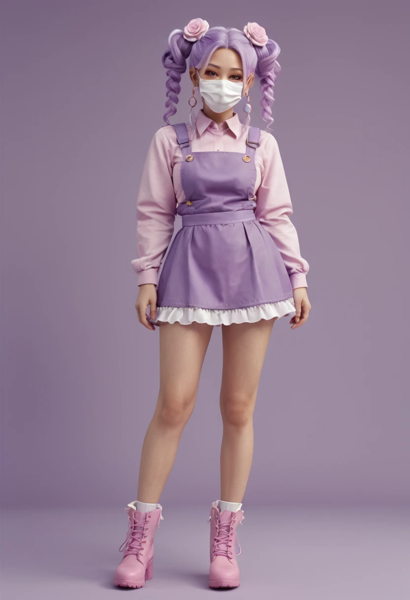 The character in the image has long, lilac hair., with two buns on top of the head, decorated with hearts. She is wearing a purple outfit with white details, consisting of a dress with ruffles and a skirt with a flower print. She is also wearing purple boots with small white details.. In the face area, there is an accessory that covers part of the mouth, looking like a pink colored face mask or shield.