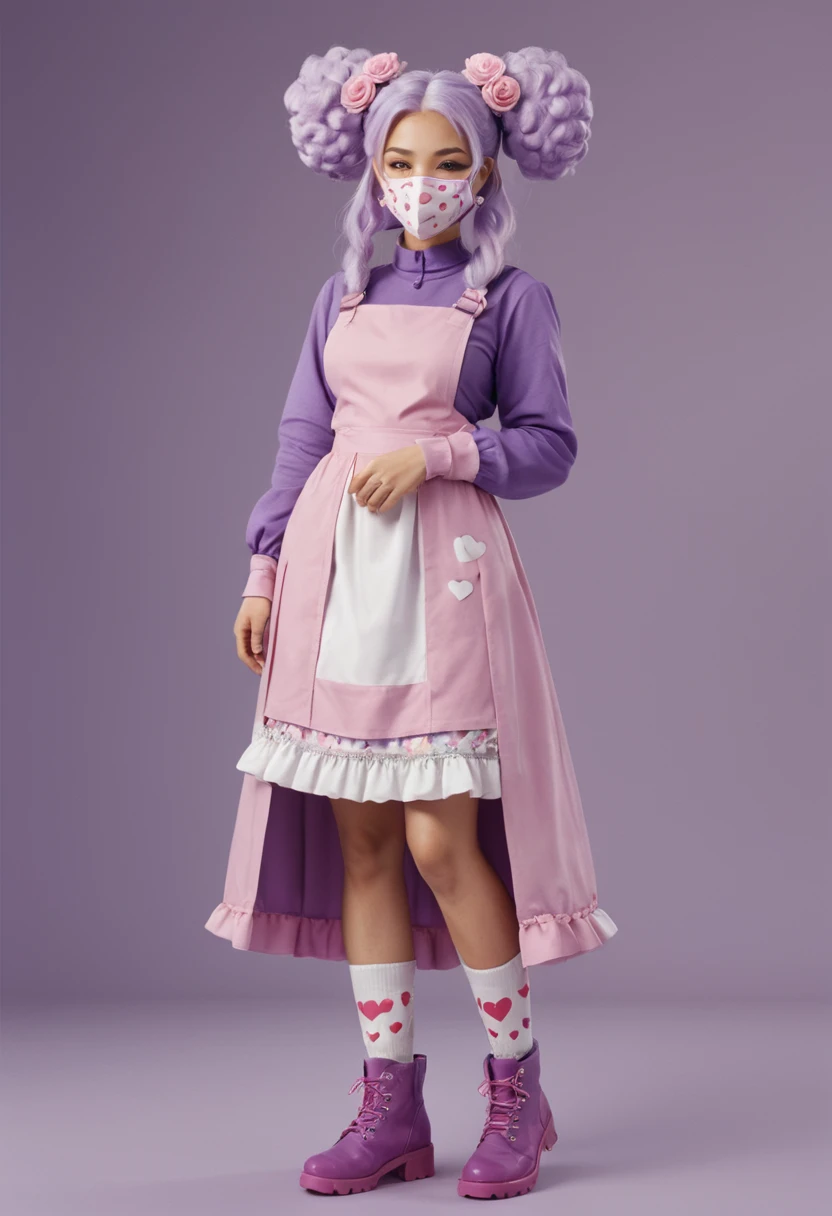 The character in the image has long, lilac hair., with two buns on top of the head, decorated with hearts. She is wearing a purple outfit with white details, consisting of a dress with ruffles and a skirt with a flower print. She is also wearing purple boots with small white details.. In the face area, there is an accessory that covers part of the mouth, looking like a pink colored face mask or shield.