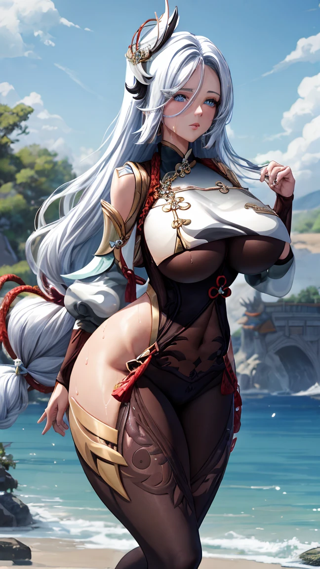 Masterpiece, high quality, shenhe \(genshin impact\), genshin impact, big breasts, busty, sexy, wide hips, white hair, blue eyes, hair ornament, long hair, breast curtains, bodystocking, hip vent, outdoor, wet, shenhev4, thick thighs, realistic