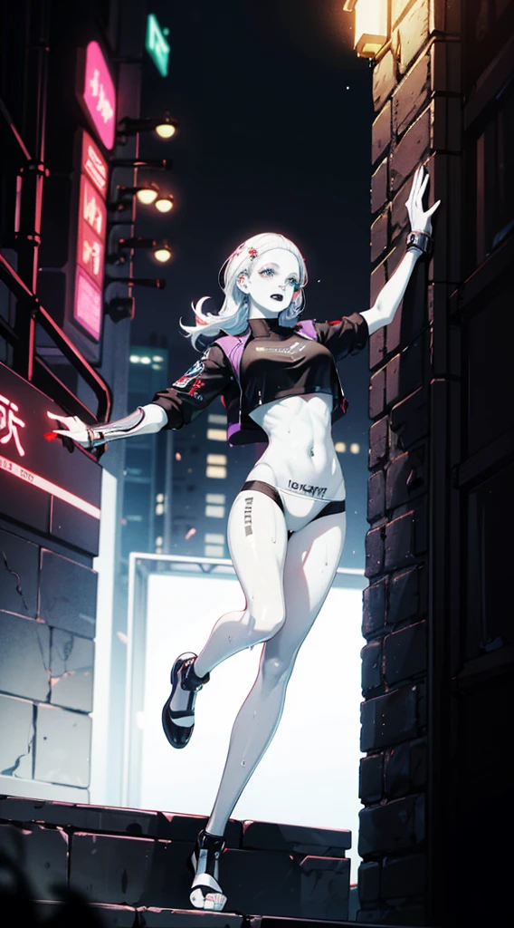 cyberpunk aesthetic, light eyes, cybernetic hombre (pale skin:1.9), detailed face, good texture, strong shadows, bright, little , Skinny, Transparent clothing, idiot, seeking out, energetic pose, dynamic poses, athletic, 8k, fangs, detailed, tattooed, direct dark light, street background, balcony, light neon, of colors, evening, wet clothes, mechanical arm, wet, fiber muscles, large eyes, great quality, jewelry, purple filter, wet underwear, direct neon, light, focus face, rosa, Hair, Cyberpunk 2077, Edgerunners, Rewarded accommodation, gothic legs, lasers.