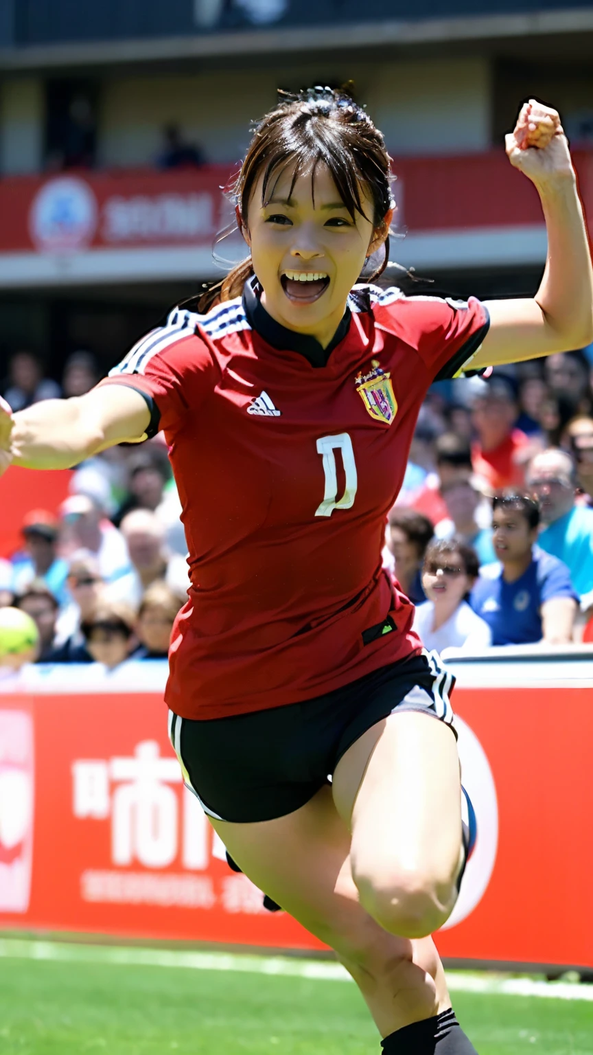 (((First Person))),(((Perfect anatomy, carefully drawn limbs with perfect joints and no excess or deformities))),(((The grandstands are filled with spectators))),The enthusiastic crowd roars,(((A beautiful soccer ball player with outstanding style is dribbling seriously with furrowed eyebrows on the field of a soccer stadium filled with enthusiastic spectators.))),(((The soccer uniform with a short sleeve collar and a large number on the back, with the shirt tucked into the leggings, and the running leggings uniform are clean.々Shii,Wearing soccer cleats))),(((Capture the powerful moment of sprinting after a soccer ball in a full-body snapshot))),Speed,body幹の強い低い姿勢,Speed,(Capture the essence of the movement and the moment of the play),((The audience roars at the wonderful play of a beautiful soccer ball player wearing a red uniform and shorts on a white background), She dodges the enemies trying to stop her.,((真剣な眼差しでサッカーゴールにドリブルからシュートする瞬間の動きの本質を捉えた4K full-body shot from the front)),Rushing forward like a rabbit,All in one,Gritting teeth,腕でbodyのバランスを取る,(Skin Dentition:1.5),Realistic and realistic,(masterpiece:1.5),(((Sports concept art))),Intricate details,Highly detailed and realistic,Octane Rendering,4K,Sports Real Engine,Dynamic pose, Highest quality,High resolution,(Realistic Face:1.1),(Surreal:1.1), ((full_body)),((Expressing the dynamism that emanates from the whole body)),(((He has a slim, muscular body with well-trained legs and a slim waist, making him look like a coke bottle.))),(4K full-body shot from the front),(Shiny skin:1.2),(((Hairstyle))),(((Perfect hands))),(Highly detailed background),((整備された美Shii芝が張られたピッチに観客で一杯のスタジアムの背景が壮観)),A crucible of cheers and excitement,((Beauty condensed in 1girl)),((光を蓄えた美Shii瞳)),(Shiho wearing a necklace),(((滴る大量の汗が眩Shii))),(Short bob fluttering in the wind),casting ,((Dramatic beauty)),披写界深度の深い美Shiiボケ,4K,Gothic,4K Digital SLR Camera,Fujifilm XT3 style,(Saiharu Body),(Delicate eyes and face),Professional Perspective,素晴らShiiディテール,(1girl condenses exceptional beauty),繊細でHigh noseを持つ美Shii顔,High nose, Clear chestnut eyes that glorify the light, Glossy red lips, light makeup,