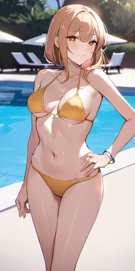 ((Hands beside the body)),((Highest quality、masterpiece:1.3))、Long legs、Sharp focus:1.2, Beautiful woman with perfect figure:1.4、(Smiling:1.2), double eyelid、30-year-old female、Sexy pose、((((One Woman、bikini)))),(((((one women,pool side:1.5)))))、((standing, cowboy shot:1.5))、