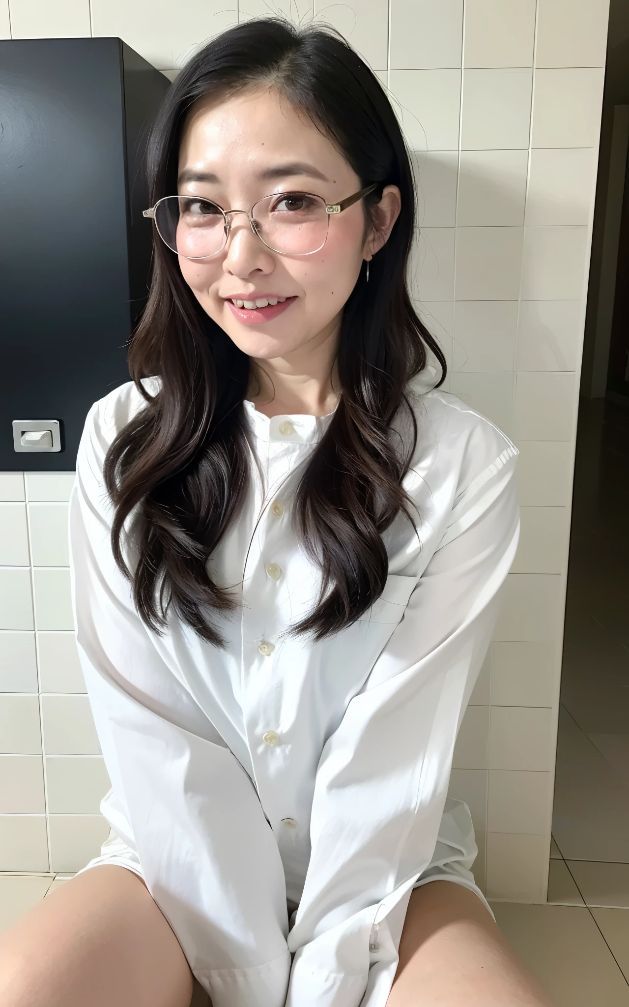 ((Best Quality, 8k, Masterpiece: 1.3)), Photorealistic, Sharp Focus, High Quality, High Definition, ((look down)), Portrait, Solo, Japanese Milf, Beauty, glasses, ((Open legs Wide)), 40 years old, Plump, Wavy hair, Wetty White Shirt, Wrinkles at the corners of the eyes, Toilet, Plumbing, Tile, (open mouth:1.1),