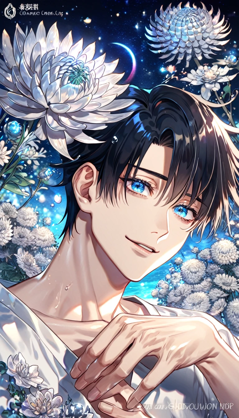 absurdres, highres, ultra detailed, HDR, master piece, best quality, extremely detailed, Okkotsu Yuuta, black hair, expressive blue eyes, Jujutsu Kaisen, solo, sexy man, handsome, smile, white clothes, fantasy, water, sparkling, silver glittering fireflies, silver moon, silver blossoms, silver chrysanthemums, silver sparkling lights, starry sky, magical