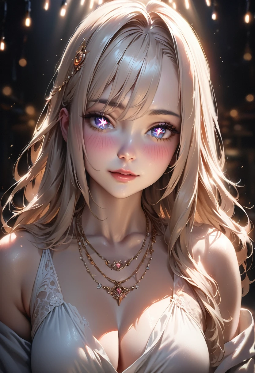 最high quality, masterpiece, High resolution, One Girl,blush,(Captivating smile:0.8),Star-shaped pupils,White Dress,hair ornaments,necklace, jewelry,Beautiful Face,in addition_body, Tyndall effect,Realistic, Dark studio, Rim Light, Two-tone lighting,(Skin with attention to detail:1.2), 8K Ultra HD, Digital SLR, Soft lighting, high quality, Volumetric lighting, Frank, photograph, High resolution, 4K, 8K, Bokeh,Huge ,Wide Hips,(Browsing Caution:0.6),