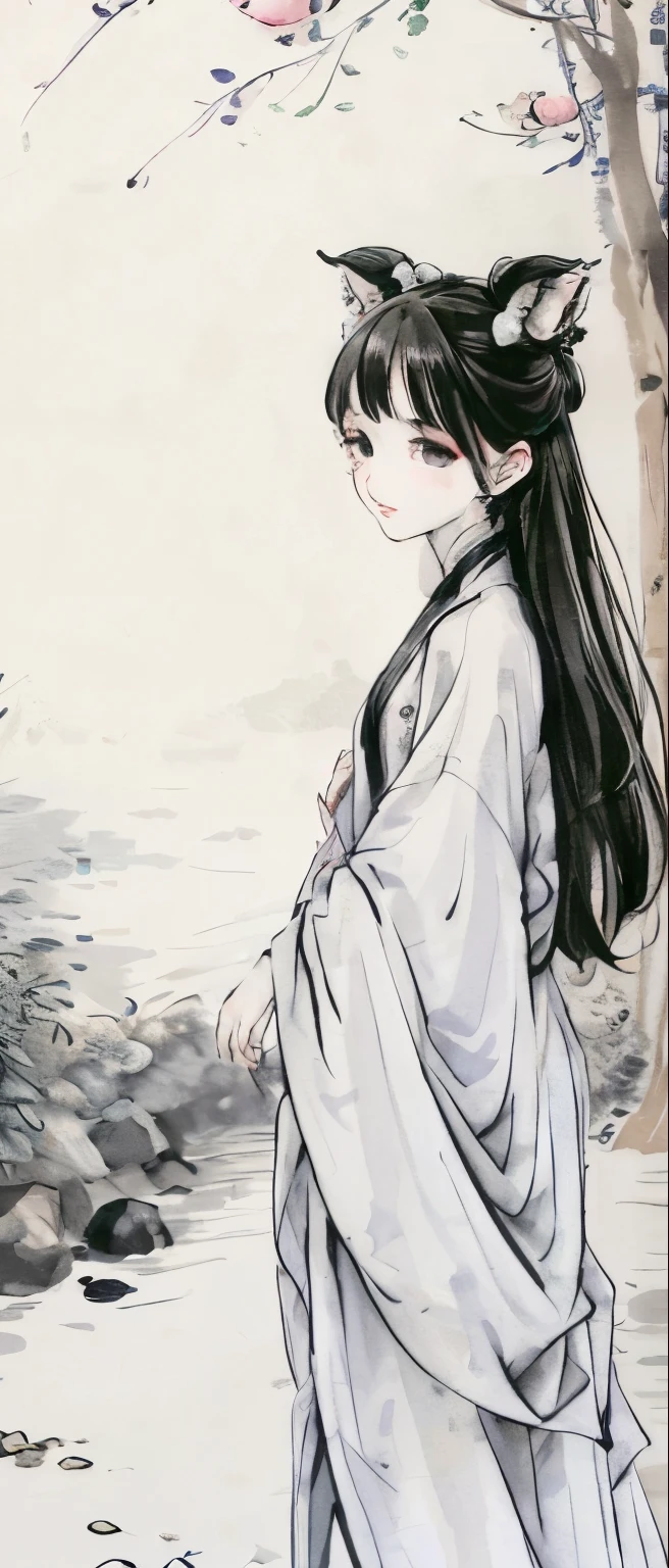 ((4K,masterpiece,Highest quality)), Shui Movissim, Traditional Chinese Ink Painting, Lotus,  Hanfu, Maxi Kit, 1 Boy dressed modestly, alone, white hair, Fox Ears, white,  fish, many fish near boy, View the viewer, Teasing,onee-shota,