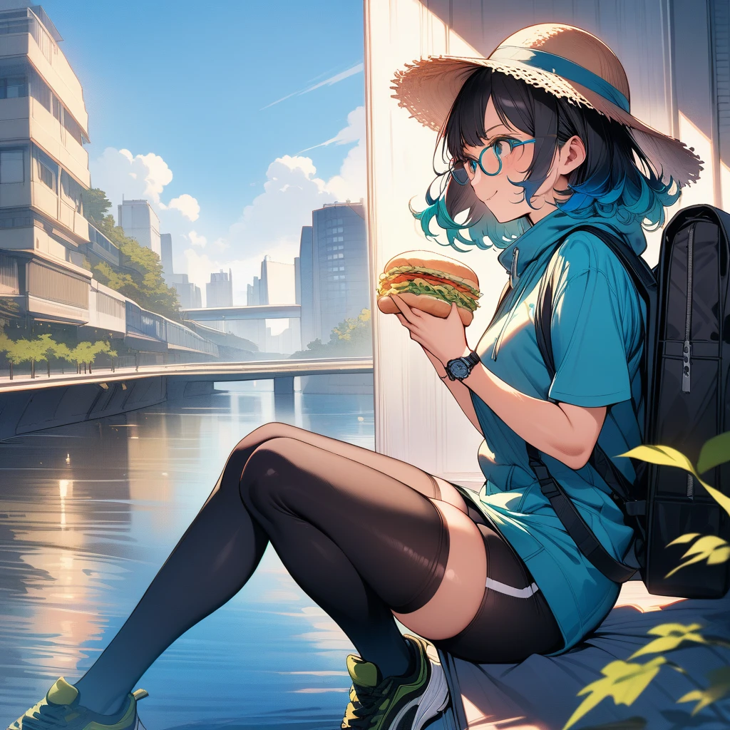 (masterpiece),(best quality),very aesthetic,(ultra-detailed),(super-fine illustration),vibrant colors,high saturation,nsfw,1girl,25yo,slender,tall,medium hair,black hair,natural wave hair,flipped hair,dark green eyes,comfortable,smirk,glasses,straw hat with leaf color ribbon,standing,glasses,carrying a aqua blue rucksack, (thigh-high parka dress with gradient earth color,black bike shorts),short sleeves,Sneaker Shoes,wristwatch,river terrace,sitting indian style on glass field,eating Sandwiches,summer,Industrial area in the distance,cowboy shot,looking away,from side