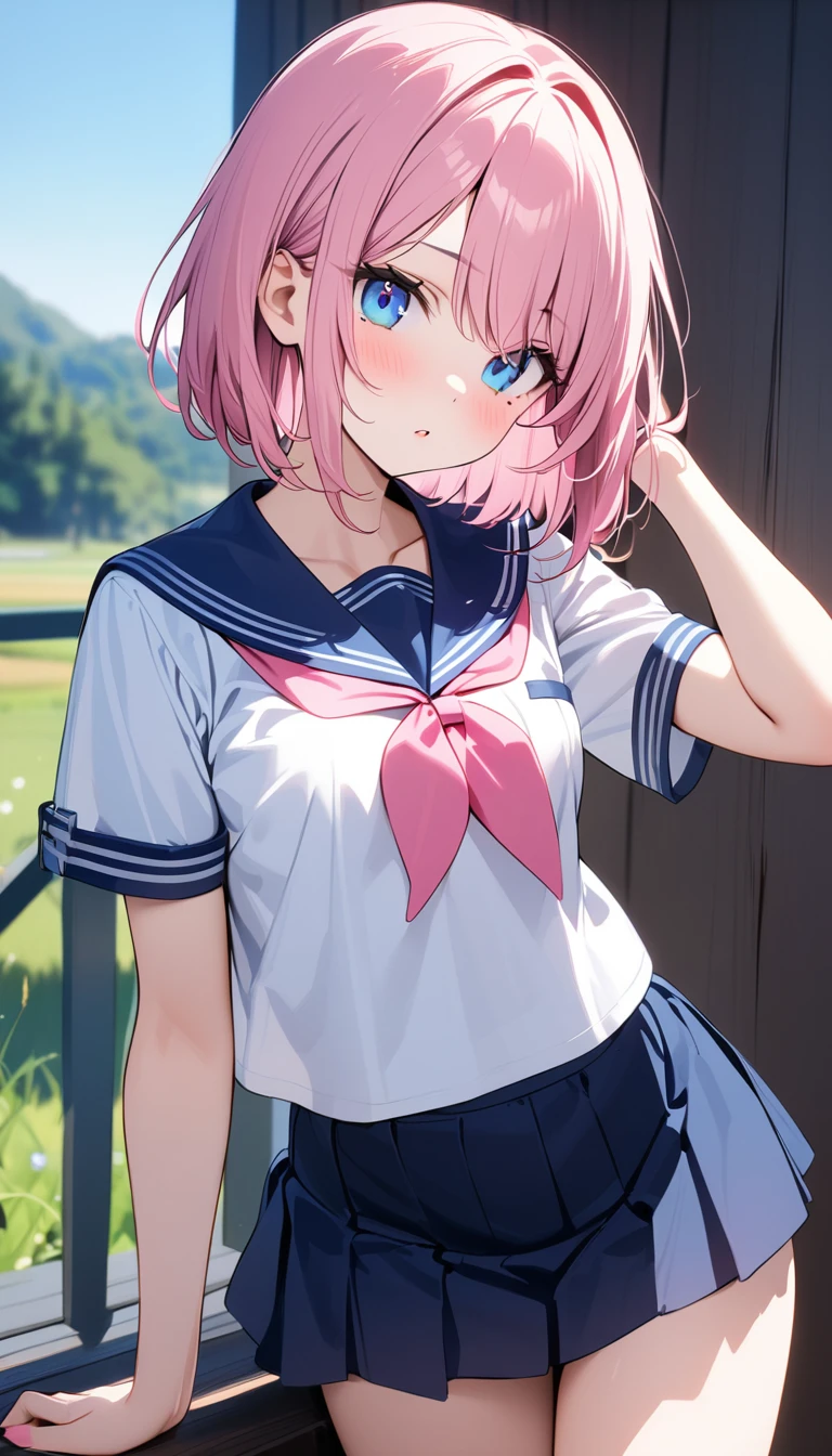 (1 girl),(Best Picture Quality, 8K, Masterpiece:1.3), (18 years old:1.5), ((pink lob hair:1.1)), (bob cut),(swept bangs), (cute eyes, pupil black, iris skyblue, youthful face), (mole under right eye), (standard weight), (small breasts), (glistening skin:1.1),(pale skin:1.2), ((serafuku, white sailor short sleeve simple shirt, darkblue skirt, darkblue sailor collar, pink ribbon)),
