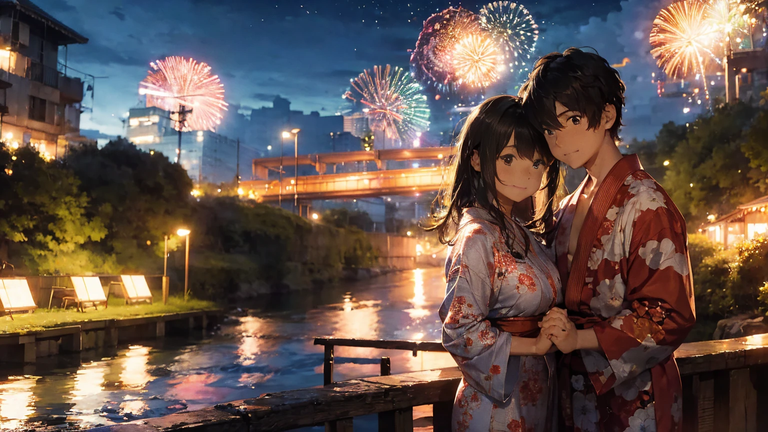 Fireworks Night、Many fireworks are launched from the riverbank in the background.。The 25-year-old man was wearing a brown jinbei.、The woman is 17 years old and is wearing a floral yukata.。The man is tall、They are holding hands, blushing and looking at each other。