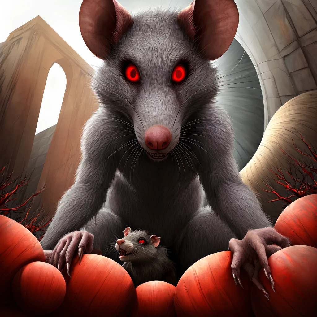 ((perspective horror very scary, Big scary gray rat with red eyes, Ultra detailed fur and everything else, she sits on a round children's rope swing, against the backdrop of a very scary dark forest, end of the world)), ((ultra detailed down to the smallest detail, ultra realistic 8k graphics, Best quality))