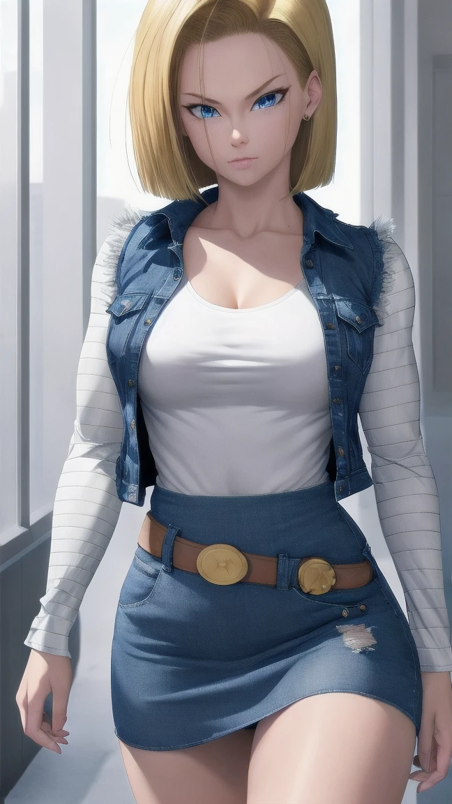 Realistic Android 18, whole body, by rubio, Blue eyes, eyelashes, Hope aretes, short hair, arete, black sock, white shirt with black stripes, pocket en el pecho, neckline, clavicle, denim, Skirt de mezclilla, MiniSkirt high waist, detailed legs, jewelry, long sleeves, pocket, shirt, tucked in shirt, Skirt, striped, striped sleeves, vest, correct hands, detailed legs de gran volumen. She walks towards the viewer.