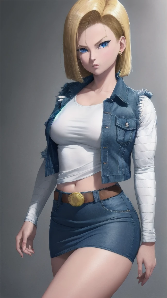 Realistic Android 18, whole body, by rubio, Blue eyes, eyelashes, Hope aretes, short hair, arete, black sock, white shirt with black stripes, pocket en el pecho, neckline, clavicle, denim, Skirt de mezclilla, MiniSkirt high waist, detailed legs, jewelry, long sleeves, pocket, shirt, tucked in shirt, Skirt, striped, striped sleeves, vest, correct hands, detailed legs de gran volumen. She walks towards the viewer.