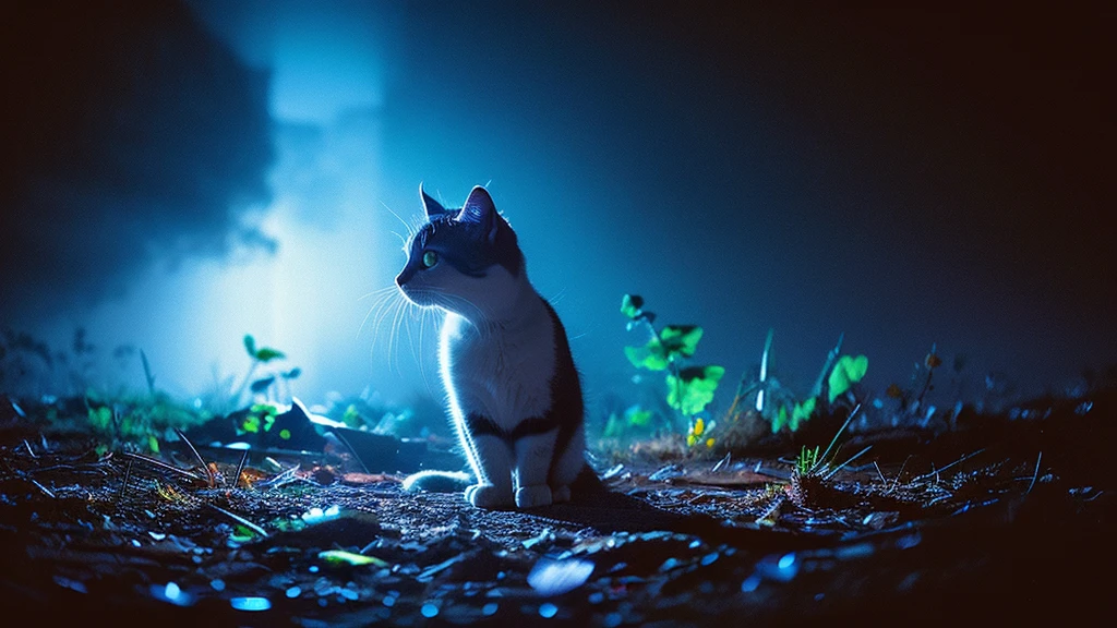 closeup of a whimsical cat with dramatic lighting, featuring dark fantasy elements, add feathers a color palette of blue, yellow and purple, Orton effect , Lomo effects