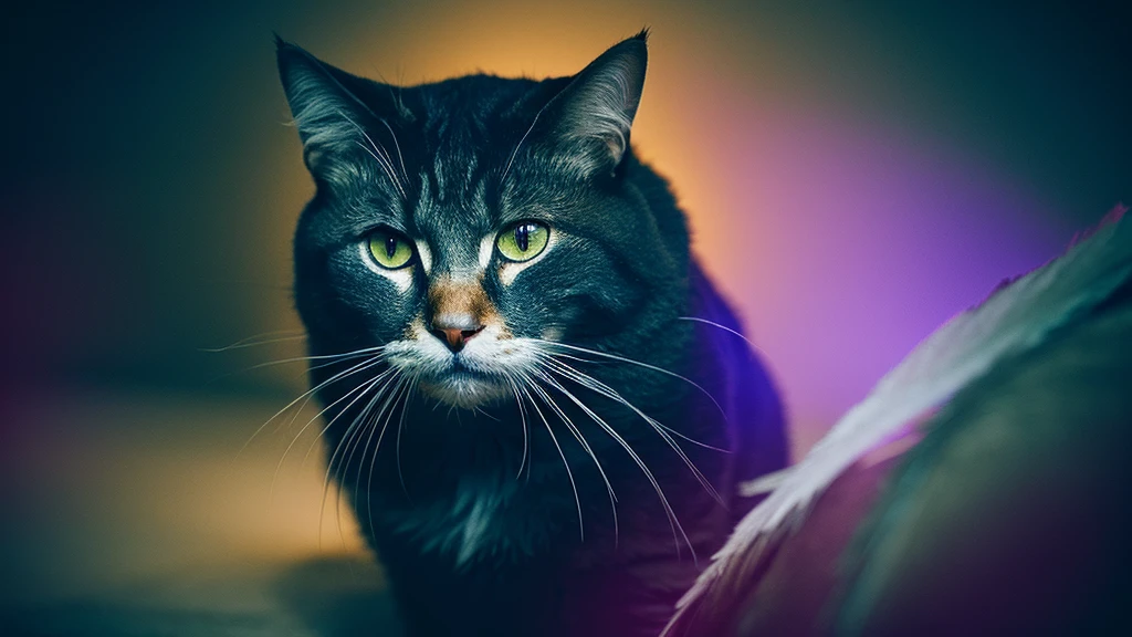 closeup of a whimsical cat with dramatic lighting, featuring dark fantasy elements, add feathers a color palette of blue, yellow and purple, Orton effect , Lomo effects