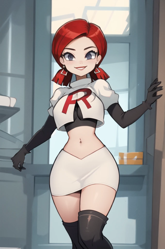 Zoey_Total_Drama, red hair, Team rocket, team rocket uniform, red letter R, white skirt,white crop top,black thigh-high boots, black elbow gloves, evil smile, earrings, large breasts, sexy pose