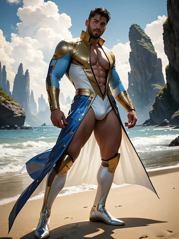 realist, masterpiece, complex parts, detailed information, depth of field, Athletic, Photo of a handsome man (A man in a blue uniform similar to that of a Starfleet captain from the TV series Star Trek), 30 years, naked torso, Star Trek logo tattoo on chest, hairy chest, six pack abs, Unbuttoned shirt with latex collar, shiny latex, original pose, Andante, Tangas, Full length portrait, black boots, holds two blasters, with arrows on the back, on the beach of the city of the future, the Enterprise from the movie Star Trek: The new generation flies in the background, (the Enterprise from the movie Star Trek: The new generation is in the air), (short dark brown hair), It has a touch of mystery and magic, dark clouds, And the gold Star Trek logo in the corner of the frame.. sensual crotch, thick medium beard, White skin, pale