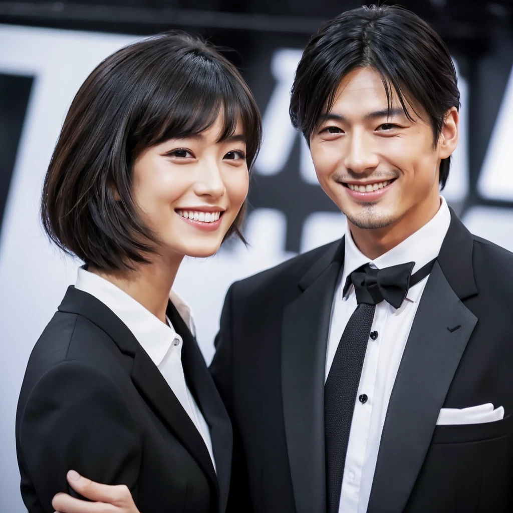A handsome Japanese man with a Japanese hair style and a black suit is smiling.