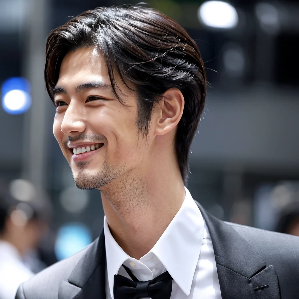 A handsome Japanese man with a Japanese hair style and a black suit is smiling.