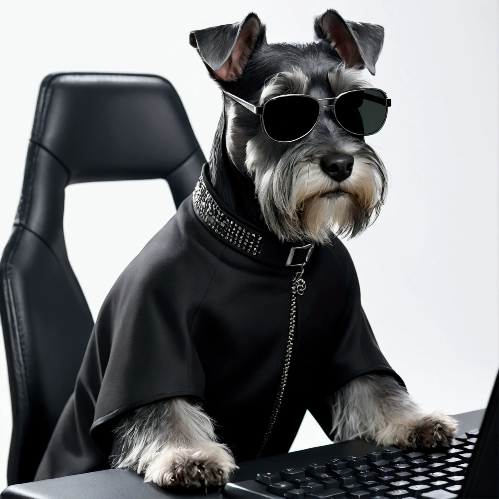 Master Parts, Schnauzer, Matrix Style, Black coat, Entering via keyboard, Sit in the chair in front of the PC, sunglasses, Dynamic Angle, Highest quality, 4K,No background