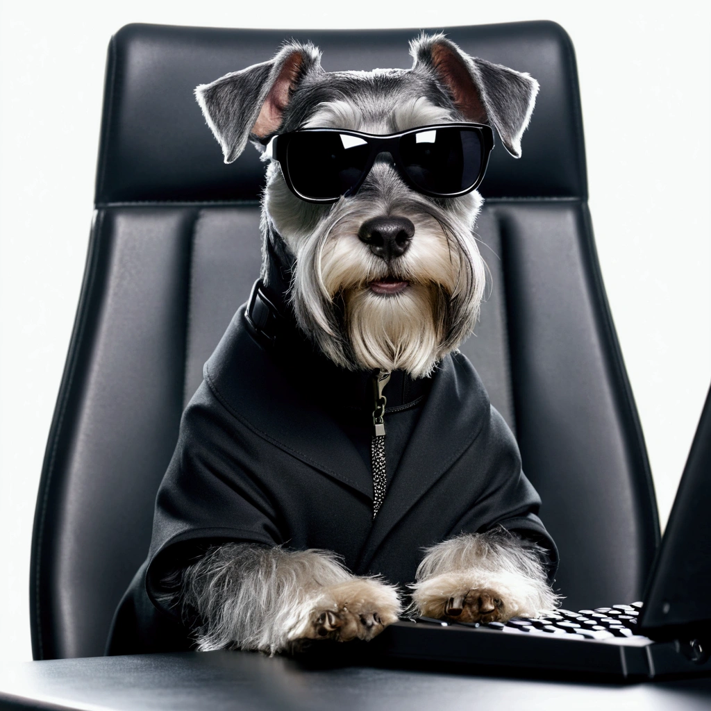 Master Parts, Schnauzer, Matrix Style, Black coat, Entering via keyboard, Sit in the chair in front of the PC, sunglasses, Dynamic Angle, Highest quality, 4K,No background