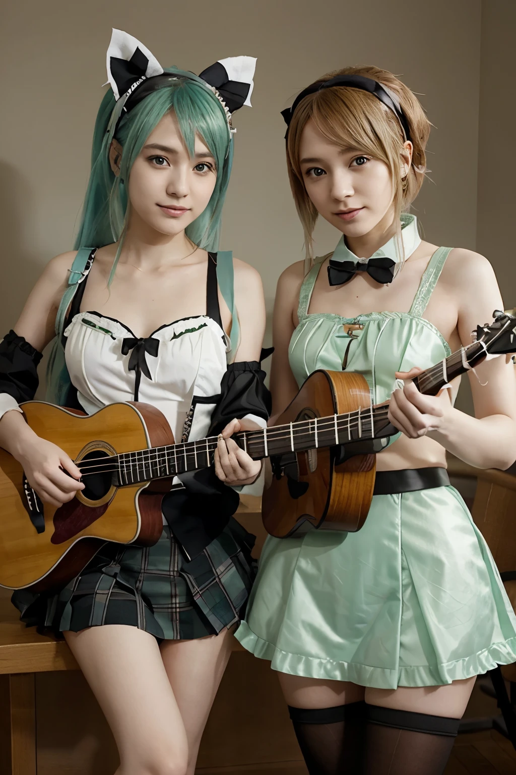Hatsune Miku and Rin kagamine dressed in doublet and skirt and playing guitar and mandolin