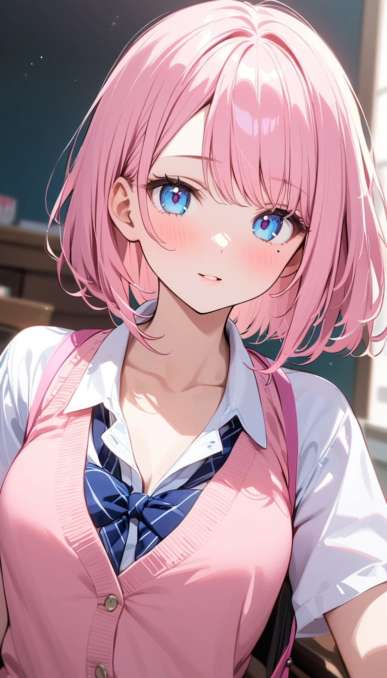 (1 girl),(Best Picture Quality, 8K, Masterpiece:1.3), (high school student:1.5), ((pink lob hair:1.1)), (bob cut),(swept bangs), (cute eyes, pupil black, iris skyblue, youthful face), (mole under right eye), (standard weight), (small breasts), (glistening skin:1.1),(pale skin:1.2), ((Gyaru fashion:1.3)),