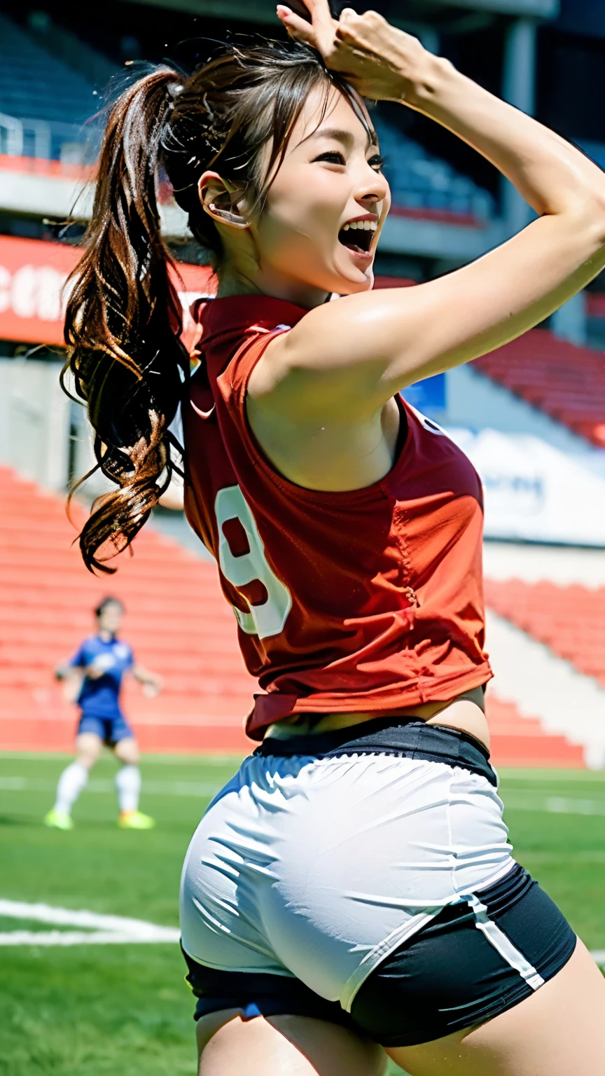 (((First Person))),(((With perfect anatomy, we carefully draw perfect limbs with no excess or deficiency, taking into account the direction in which the joints bend.))),(((The grandstands were filled with spectators))),(((A beautiful soccer ball player with outstanding style is dribbling seriously with furrowed eyebrows on the field of a soccer stadium filled with enthusiastic spectators.))),(((The soccer uniform with a short sleeve collar and a large number on the back, with the shirt tucked into the leggings, and the running leggings uniform are clean.々Shii,Wearing soccer cleats))),(((Capture the powerful moment of kicking a soccer ball and sprinting with a full-body snapshot))),Speed,body幹の強い低い姿勢,Speed,(Capture the essence of the movement and the moment of the play),((The audience roars at the wonderful play of a beautiful soccer ball player wearing a red uniform and shorts on a white background), She dodges the enemies trying to stop her.,((真剣な眼差しでサッカーゴールにドリブルで向かって走る動きの本質を捉えた側面からの4K動body撮影)),Rushing forward like a rabbit,All in one,(Skin Dentition:1.5),Realistic and realistic,(masterpiece:1.5),Sports concept art,Intricate details,Highly detailed and realistic,Octane Rendering,4K,Sports Real Engine,Dynamic pose, Highest quality,High resolution,(Realistic Face:1.1),(Surreal:1.1), ((full_body)),((Expressing the dynamism that emanates from the whole body)),(((He has a slim, muscular body with well-trained legs and a slim waist, making him look like a coke bottle.))),(4K full body shot from behind),(Shiny skin:1.2),(((Hairstyle))),(((Perfect hands))),(Highly detailed background),((整備された美Shii芝が張られたピッチに観客で一杯のスタジアムの背景が壮観)),A crucible of cheers and excitement,((Beauty condensed in 1girl)),((光を蓄えた美Shii瞳)),(Shiho wearing a necklace),(((滴る大量の汗が眩Shii))),(Ponytail flutters in the wind),casting ,((Dramatic beauty)),披写界深度の深い美Shiiボケ,4K,Gothic,4K Digital SLR Camera,Film grain effect,Fujifilm XT3 style,(Saiharu Body),(Delicate eyes and face),Professional Perspective,素晴らShiiディテール,(1girl condenses exceptional beauty),繊細でHigh noseを持つ美Shii顔,High nose, Clear chestnut eyes that glorify the light, Glossy red lips, light makeup,))),