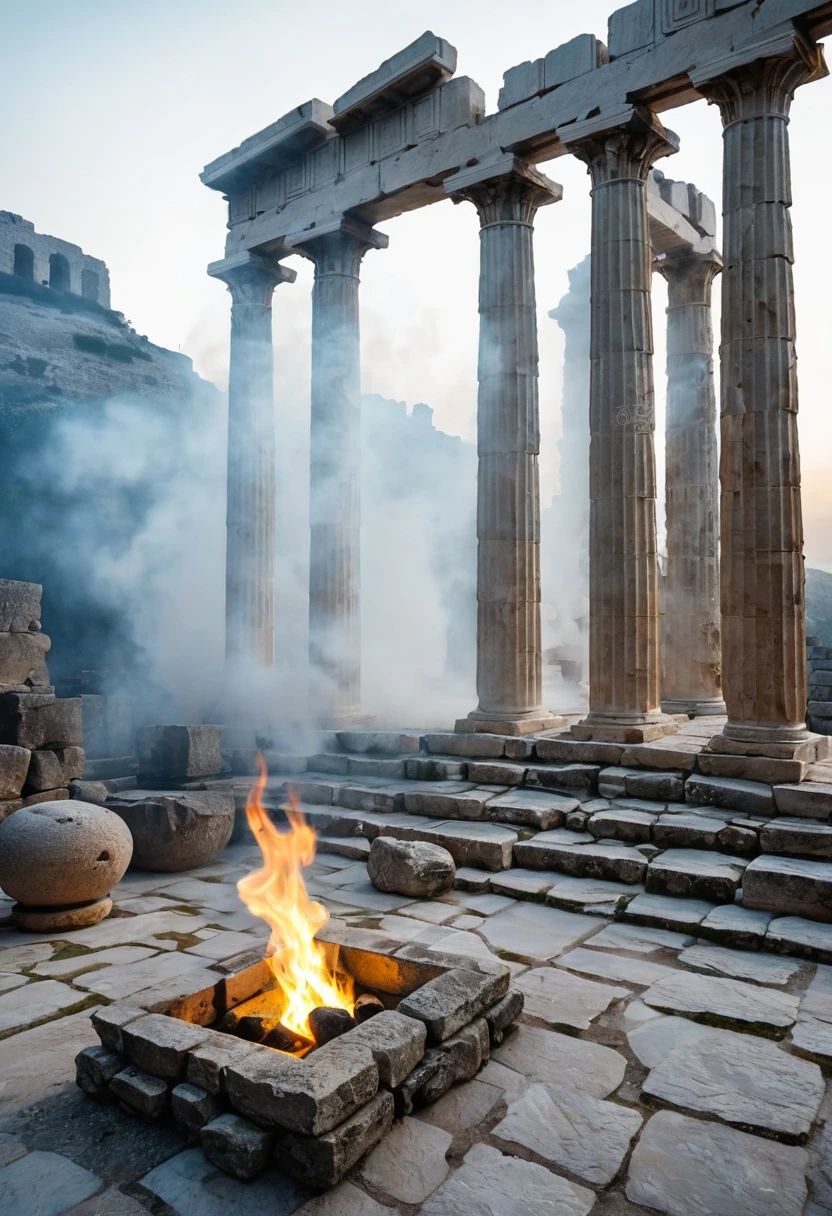 interior of a Greek temple with a sculpture, ruins, intense torch fire on the left, mists, stones