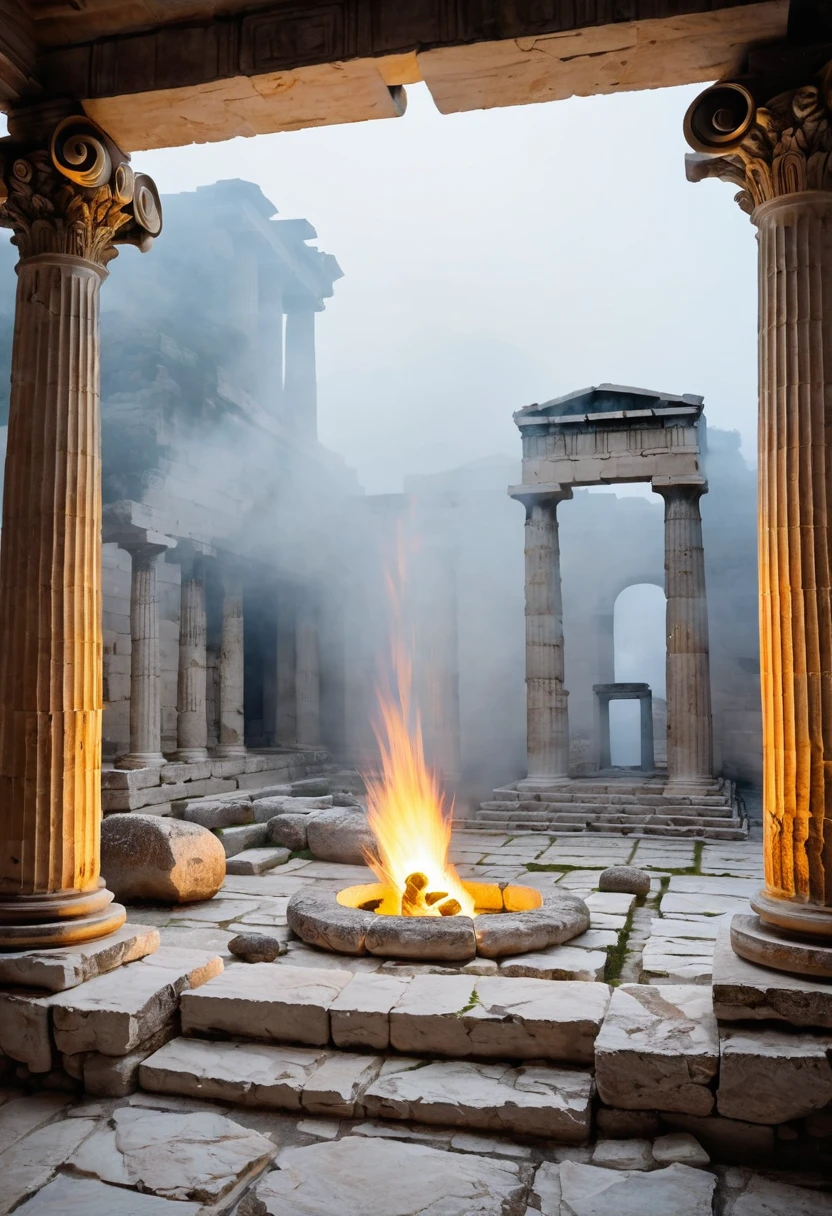 interior of a Greek temple with a sculpture, ruins, intense torch fire on the left, mists, stones