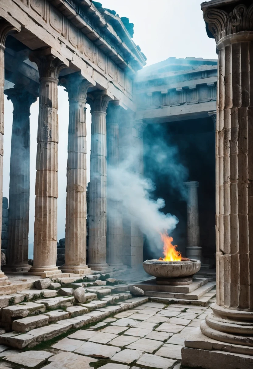 interior of a Greek temple with a sculpture, ruins, intense torch fire on the left, mists, stones