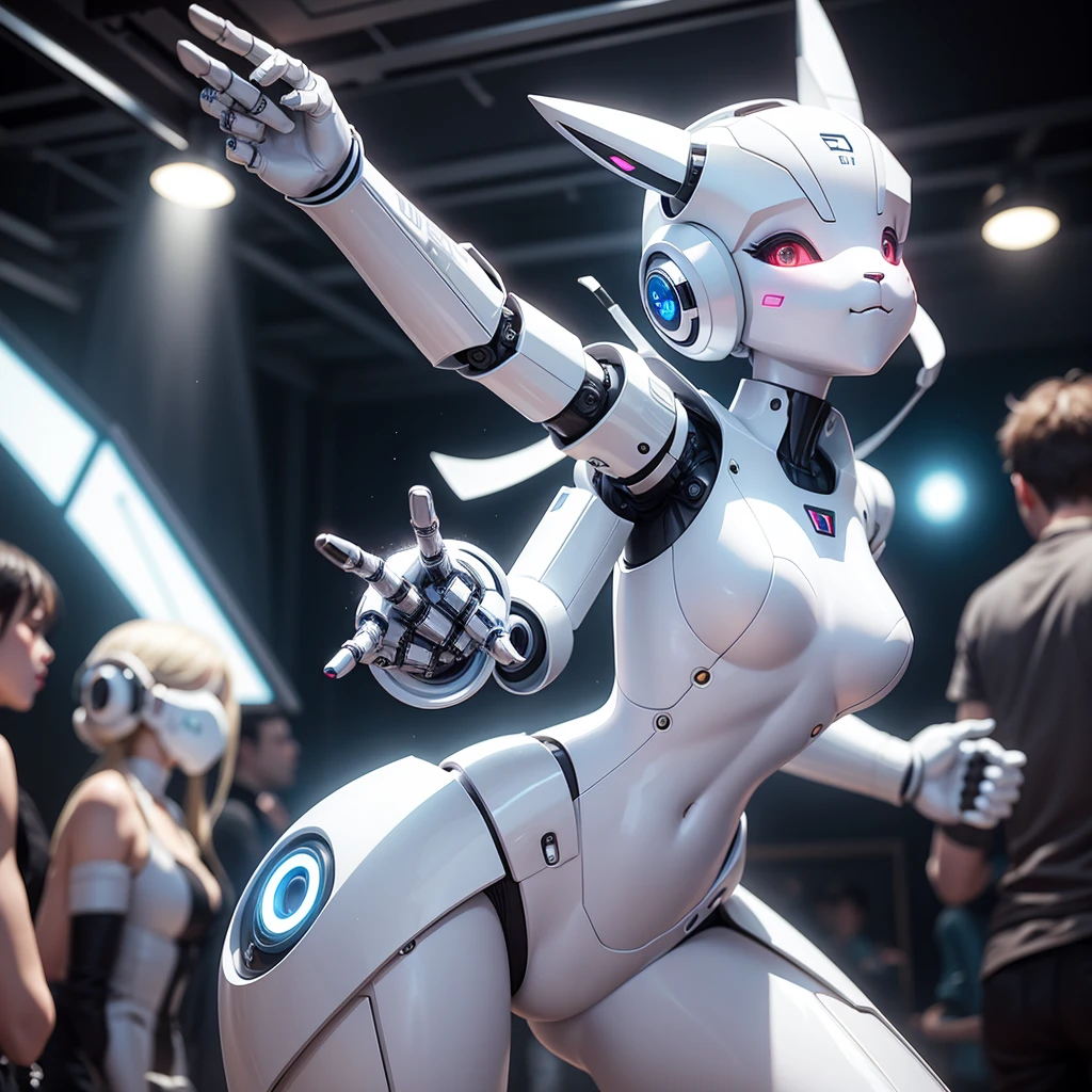 White robot rabbit, in a club
