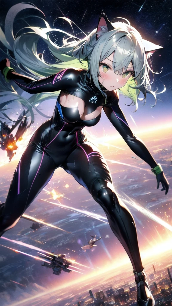 prompts A silver-haired beautiful girl with cat ears eyes are green hair is silver and long clothes: a form-fitting black combat suit The fist is an afterimage The background is a city at night her is in a cat-like fighting pose The year is 14 years monitor, Dark Night, Sweat, Steam of Exhalation, Space, Battle, Dynamic Angle　one girl