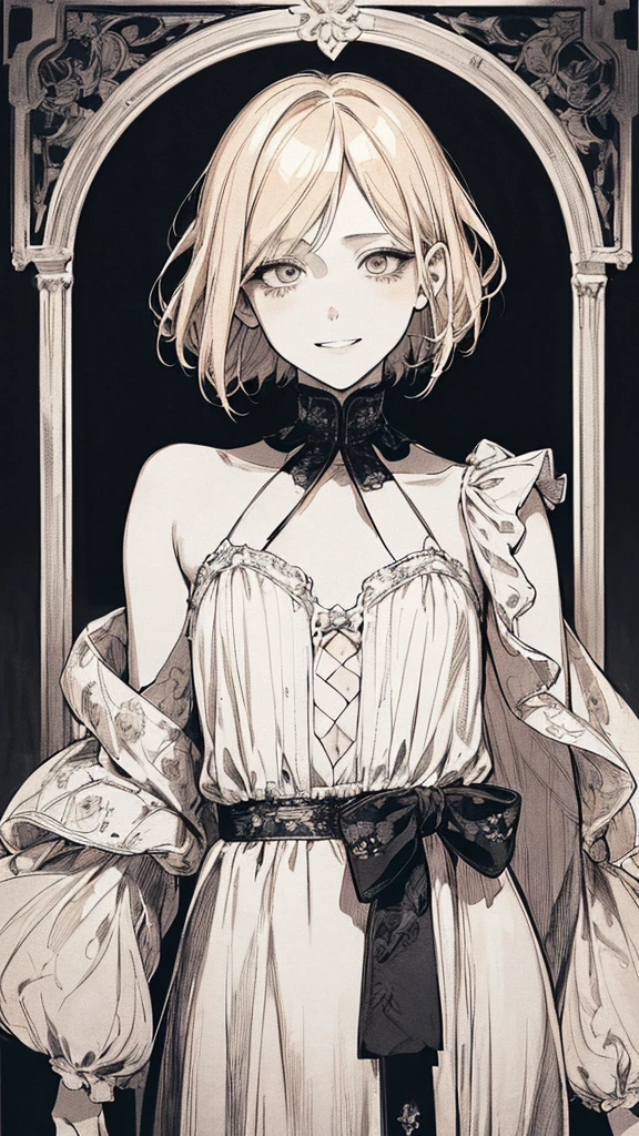 Highest quality, (Background details), High Contrast, so beautiful , Detailed original illustrations,very small stature、Baby Face、Villain、Fairy, Wavy platinum blonde hair、Bob Cut Hair、 Delicate face, Spoiled brat、White sundress、Real breasts, Flat Chest、Crazy Smile, Crazy Eyes, Black background, (Black background: 1. 5), Beautiful line art, Monochrome