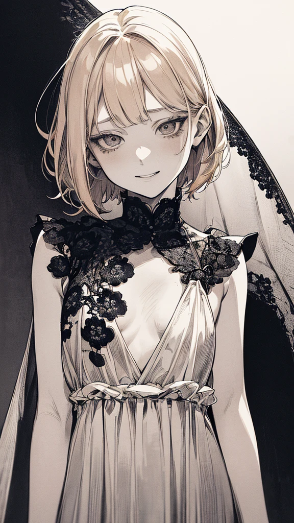 Highest quality, (Background details), High Contrast, so beautiful , Detailed original illustrations,very small stature、Baby Face、Villain、Fairy, Wavy platinum blonde hair、Bob Cut Hair、 Delicate face, Spoiled brat、White sundress、Real breasts, Flat Chest、Crazy Smile, Crazy Eyes, Black background, (Black background: 1. 5), Beautiful line art, Monochrome