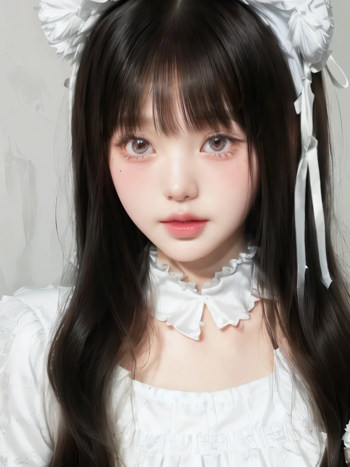 there is a young girl wearing a white dress and a white bunny hat, white hime cut hairstyle, the hime cut, ulzzang, shikamimi, neat hair with bangs, Sakimichan, adorable and pale korean face, anime girl in real life, with full bangs, hime black haircut, cute kawaii girl, with bangs