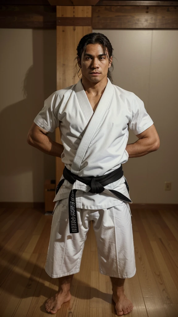 A Jiu-Jitsu fighter wearing a white kimono, with the black sash tied tightly around the waist. Your body is muscular and agile, ready to face any challenge on the mat. He maintains a confident posture, with feet apart and arms relaxed. Your eyes are focused, and its expression conveys determination and respect for the traditions of the sport.