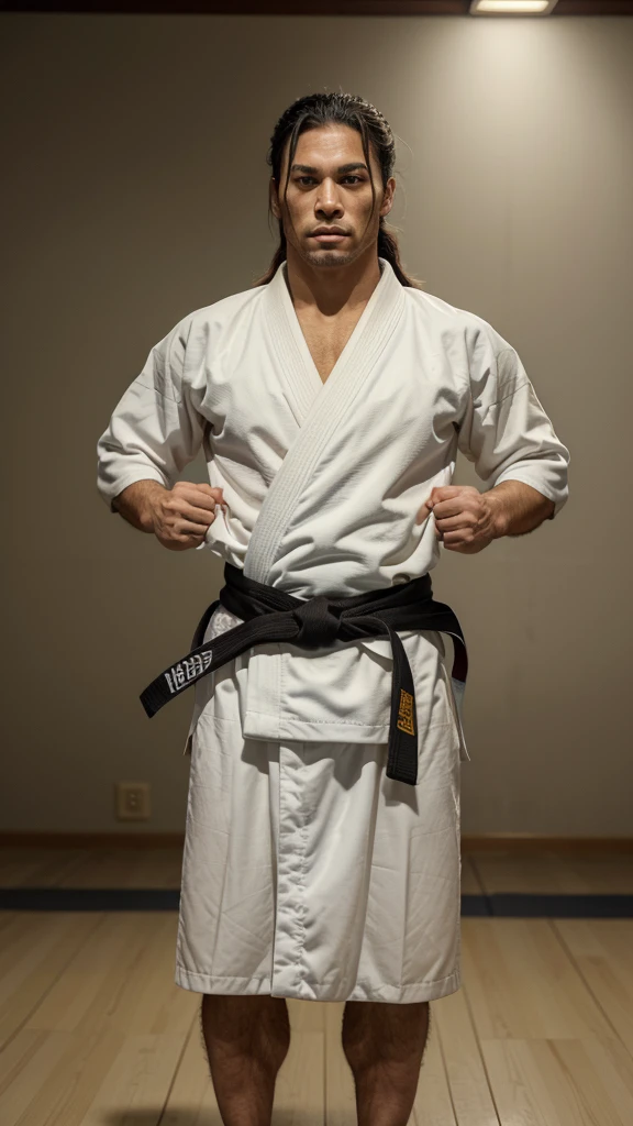 A Jiu-Jitsu fighter wearing a white kimono, with the black sash tied tightly around the waist. Your body is muscular and agile, ready to face any challenge on the mat. He maintains a confident posture, with feet apart and arms relaxed. Your eyes are focused, and its expression conveys determination and respect for the traditions of the sport.