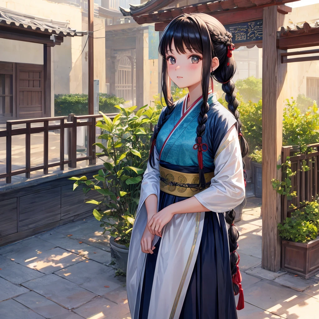 ((1 Girl)),((architecture)), Braided Bangs,braided ponytails,(Solitary:1.2), Black Hair, 16 years,Looking at the audience, Sunlight,Hanfu, Chengqiang,