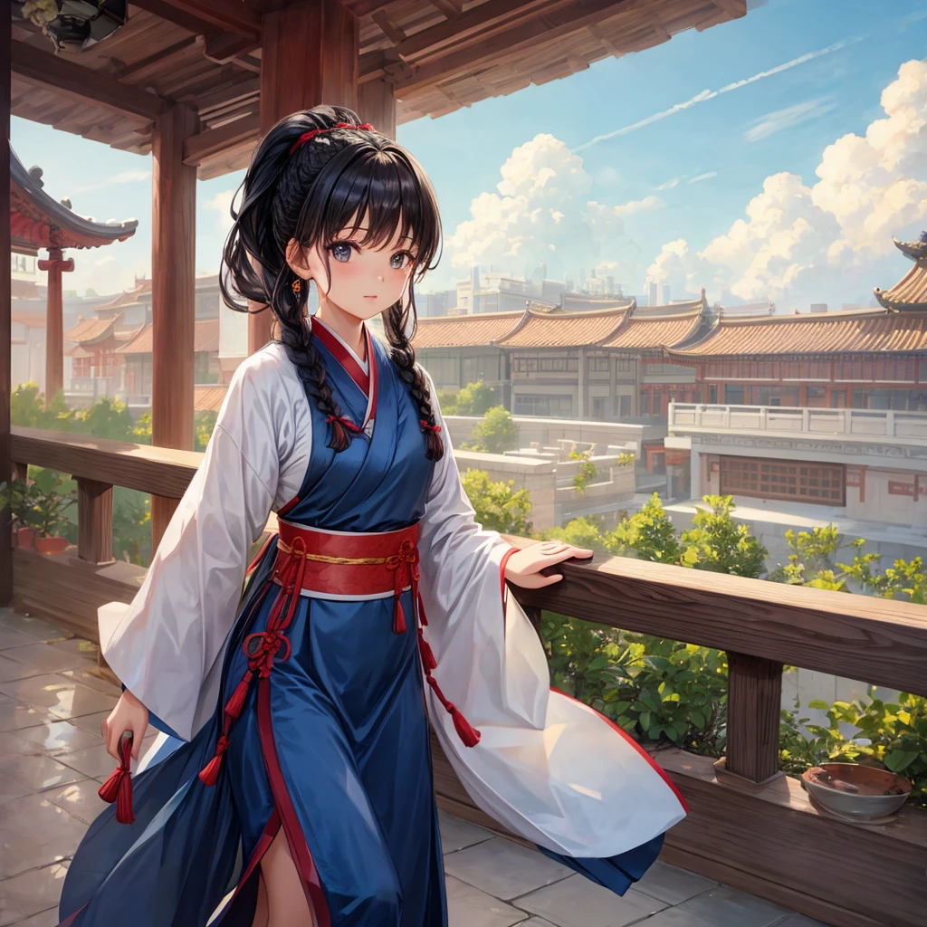 ((1 Girl)),((architecture)), Braided Bangs,braided ponytails,(Solitary:1.2), Black Hair, 16 years,Looking at the audience, Sunlight,Hanfu, Chengqiang,