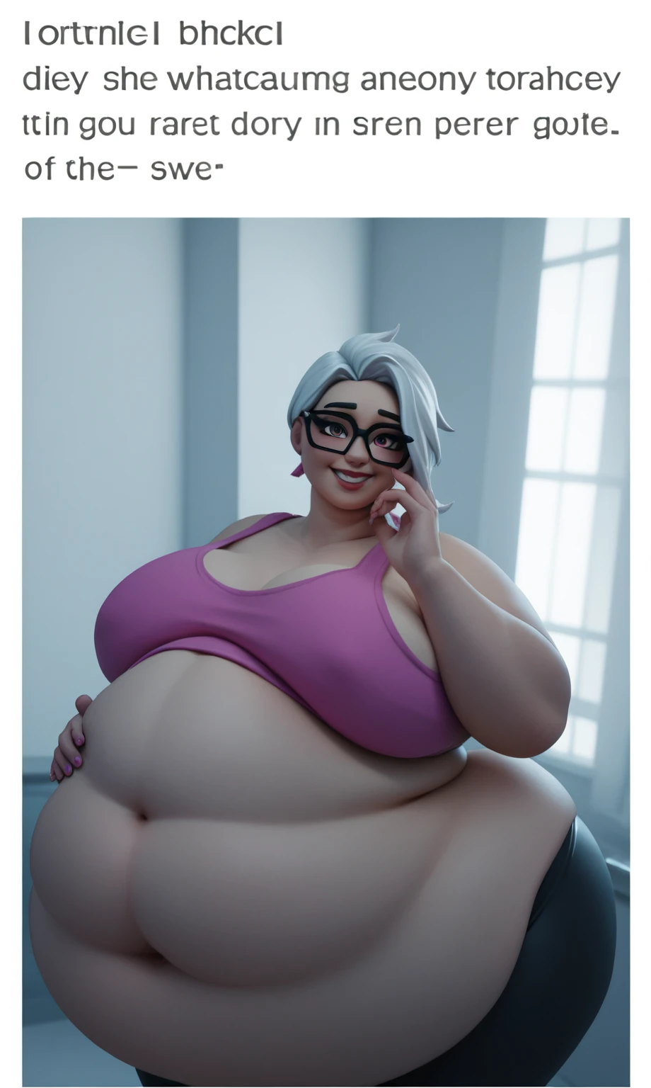 Sunkissed skin all over, Thicc, moobs, extremely morbidly obese, pink and white hair, ((wearing)), black 50s glasses, pink tanktop, black leggings, voluptuous boy, feminine boy, femboy, perfect hands, perfect face, smile, (anatomically correct), (Perfect/ realistic proportions:1.2), (overwhelmingly fat arms, obese face), hands grabbing belly, ((extremely widest hips possible!)), ((extremely massive thick thighs, morbidly large belly), belly overhang!)), (1080P, 4k UHD, Masterpiece:2.1!) ((single)), background: tilted towers_fortnite