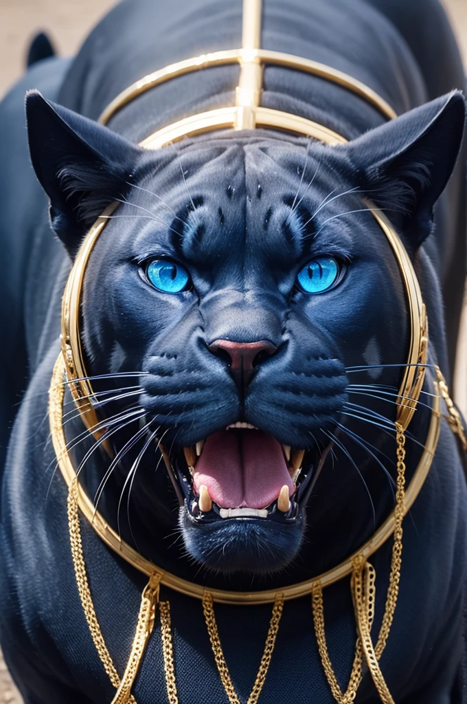Create an open-mouthed panther in navy blue with blue eyes and gold details
