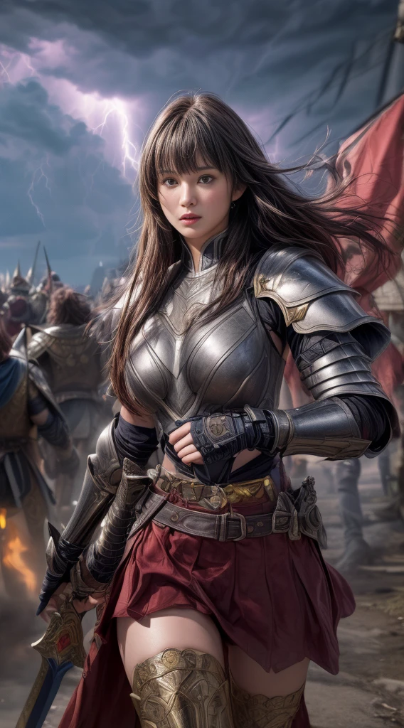 Cowboy Shot、Very beautiful woman、Slender women、(Detailed face)、Realistic Skin、((Demon Knight)), (Black Armor)、((((非常に細かく複雑な装飾が施されたBlack Armor))))、((Delicate photo)),(Girl Astepeace RAW Photo Details:1.25), (Highest quality:1.6), (Ultra-high resolution:1.5), (Realistic:1.75), 8K resolution, Canon EOS R5, 50mm, Absurd, Super detailed,Cinema Lighting,Battlefields of Medieval Europe、((Fight))、RPG World、Final Fantasy、(((Decorative skirt)))、Thigh-high socks、Shingard、night、((Long hair with bangs,))、Get a six pack、Torn Cloak、Beautiful Armor、(((Giant Sword)))、In combat、The wind is blowing、((Asymmetric Armor:1.5))、(((thunderstorm)))、((Knight Commander))、(((Leading a large group of black knights)))、banner、Wolf Pattern:1.5