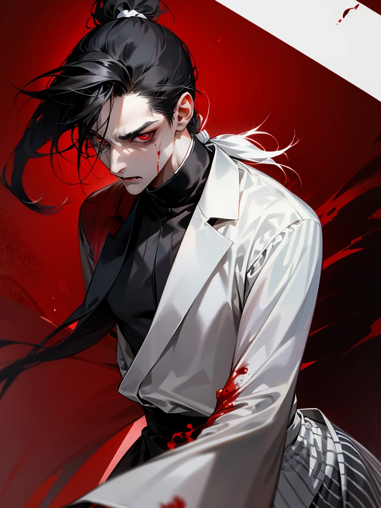 A male with medium-length black hair (tied into a ponytail), blood-red eyes, slightly pale skin, a slender figure, an evil expression (the corners of his mouth are raised), the prisoner in black and white stripes